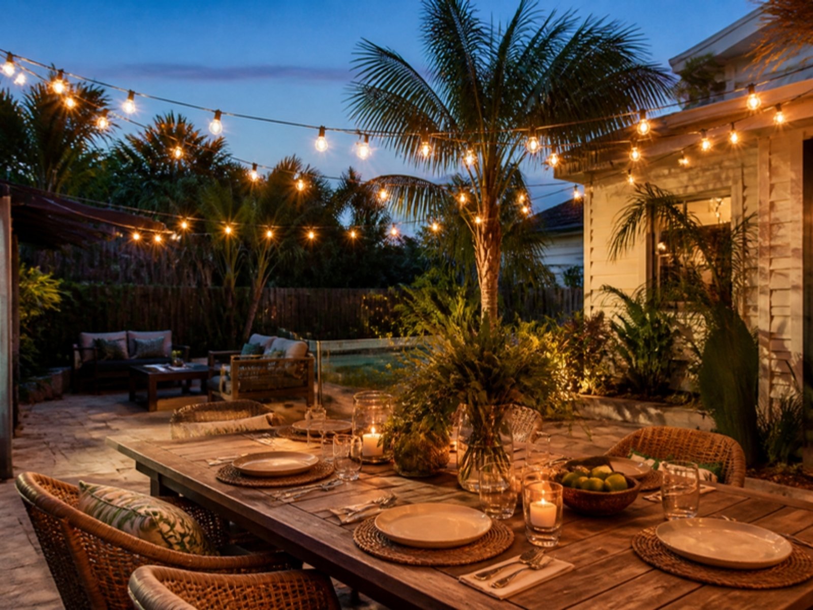 Festoon lights over a patio at dusk